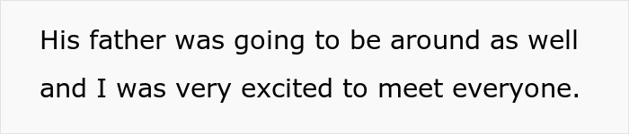 Text excerpt showing a statement about a father and excitement to meet everyone, related to a guy laughing at how he bullied another guy as a teen.