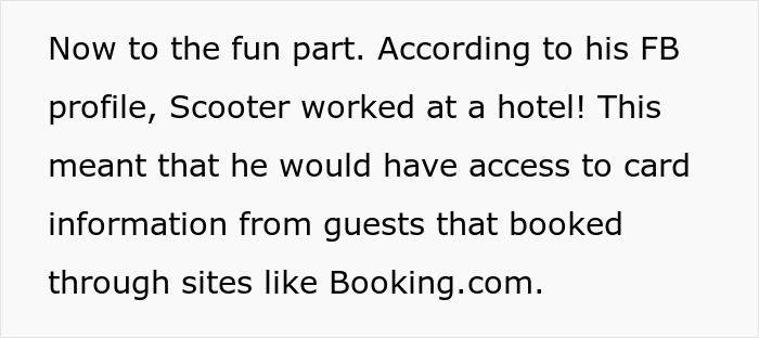 Text excerpt explaining a scammer&rsquo;s hotel job gave access to guest card info for laundering schemes.