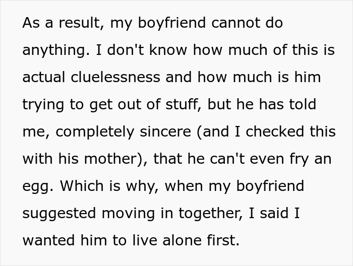 Text excerpt describing a man wanting to move from mom&rsquo;s house into his girlfriend&rsquo;s without learning chores, facing a reality check.