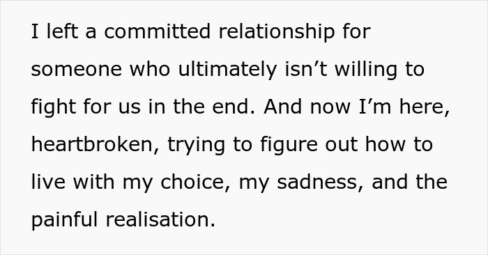 Text about woman feeling heartbroken after affair partner leaves, admitting defeat by karma and facing sadness. Text about woman feeling heartbroken after affair partner leaves, admitting defeat by karma and facing sadness.