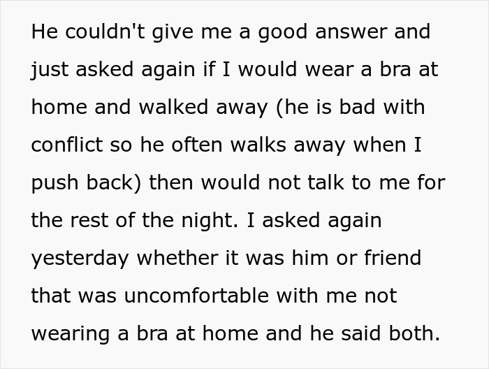 Text excerpt about woman not wearing a bra at home causing discomfort and conflict with husband over it. Text excerpt about woman not wearing a bra at home causing discomfort and conflict with husband over it.