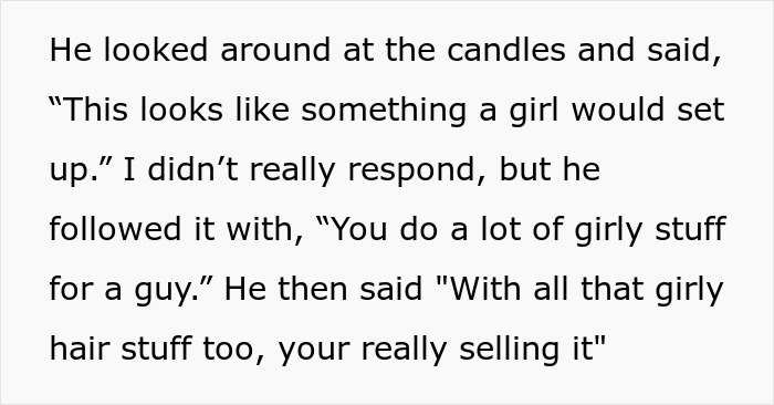 Text excerpt showing a bald and divorced man shaming nephew for having long hair and cooking for girlfriend.