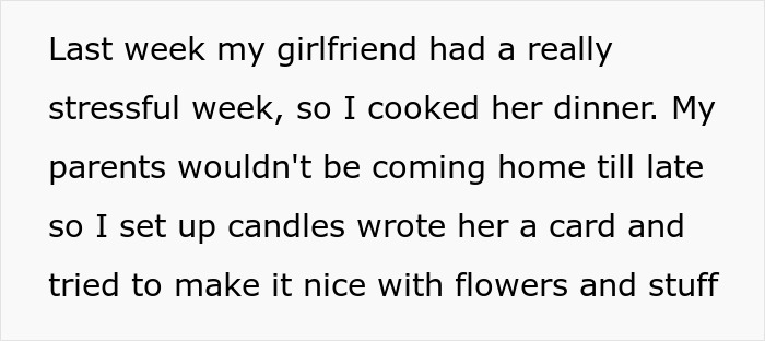 Text message about cooking dinner with candles and a card during stressful week, highlighting nephew with long hair and cooking skills.