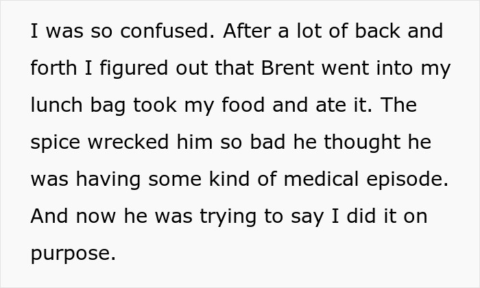 Text about a man stealing his colleague&rsquo;s extra-spicy lunch, causing regret and a fiery mouth reaction.