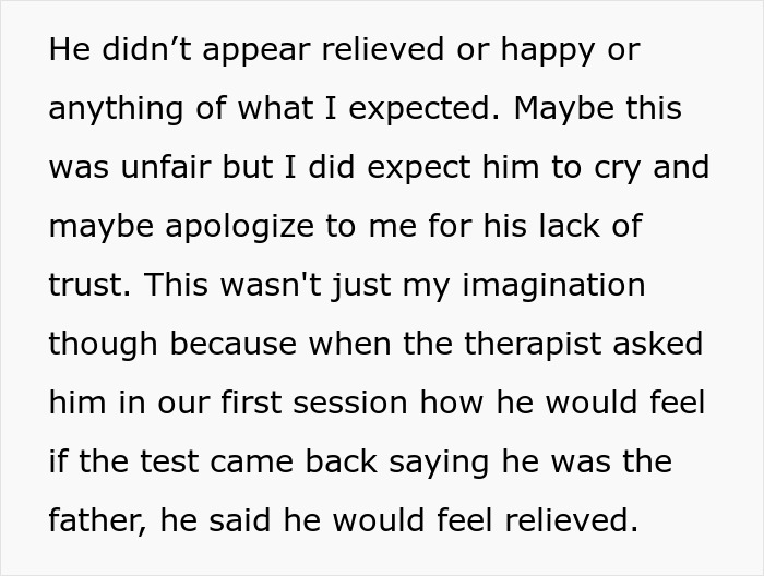 Man frustrated after paternity test demand for 3-year-old son, rejecting wife's suggestion of therapy instead.