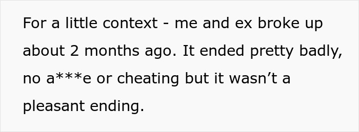 Text excerpt explaining a recent breakup context before a birthday party, related to woman blasted for skipping party due to ex.