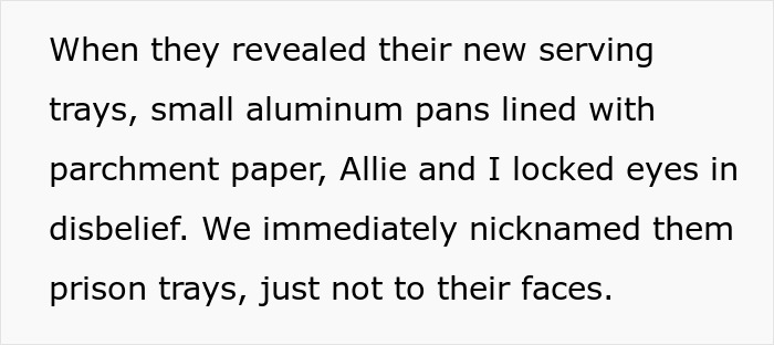 Text excerpt describing new serving trays at a restaurant, related to restaurant flies and a snarky letter incident.