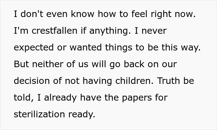 Text expressing feelings of guilt and firm decision not to have children despite pressure from man&rsquo;s parents.