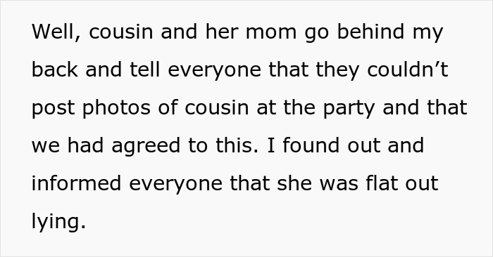 Text excerpt discussing family drama involving cousin and mom about posting photos, related to aunt camera family parole. Text excerpt discussing family drama involving cousin and mom about posting photos, related to aunt camera family parole.