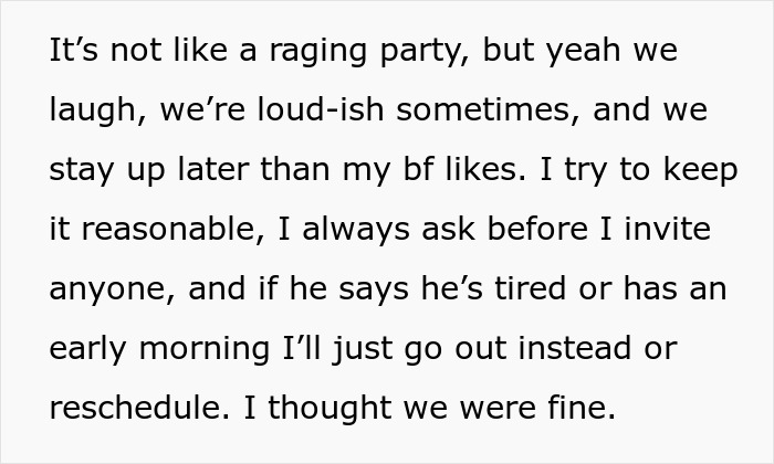 Text excerpt describing staying out late and asking permission, showing boyfriend ban friends relationship tension.