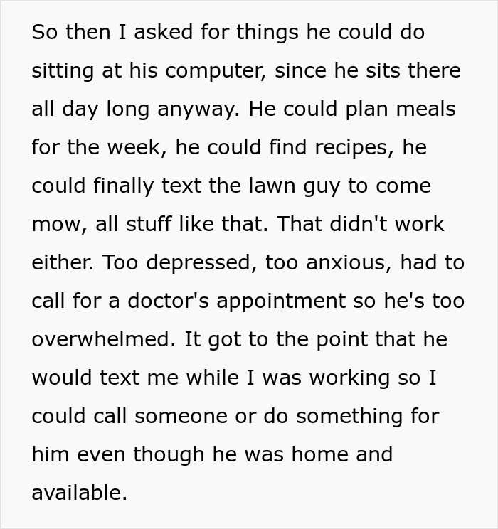 Alt text: Excerpt discussing wife adapting to live like her husband who struggles with anxiety and depression, leaving him overwhelmed and fuming