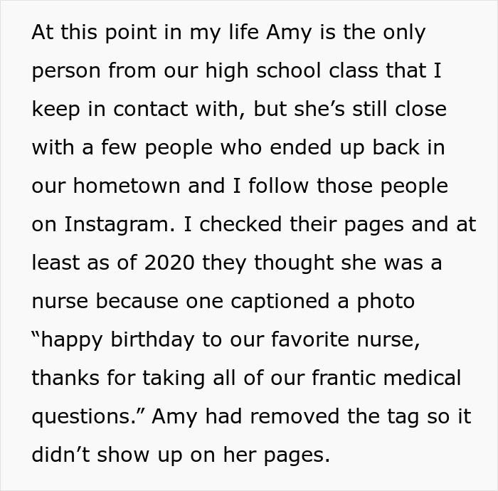 Text excerpt about a woman who lies about her career for 10 years, creating fictional stories to support it.