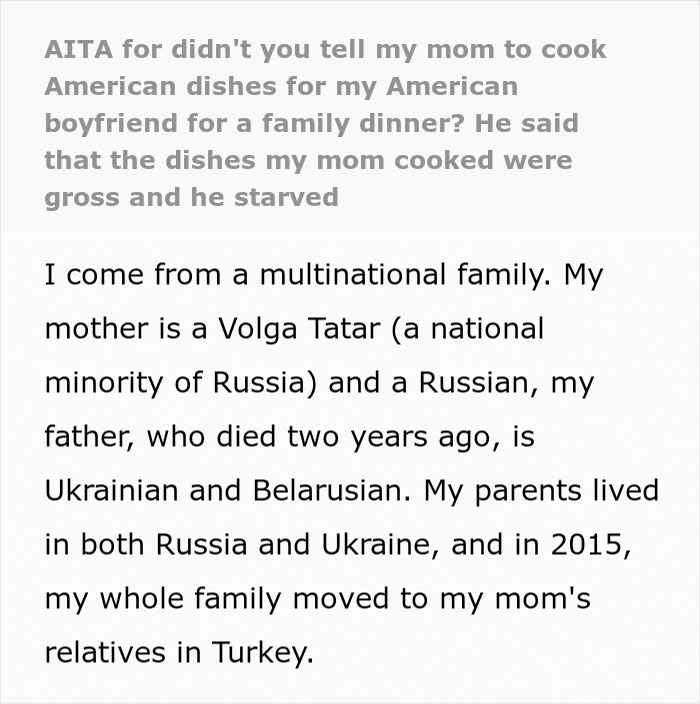 Text about a man upset after being served traditional gross food instead of American dishes at family dinner Text about a man upset after being served traditional gross food instead of American dishes at family dinner