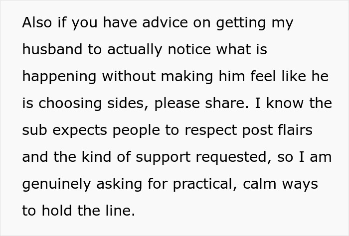 Text post asking for advice on getting husband to notice manipulative MIL&rsquo;s fake kindness and ruined holiday traditions.