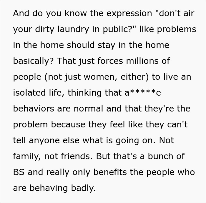 Text discussing the expression about not airing dirty laundry and its impact on isolated lives and behaviors.