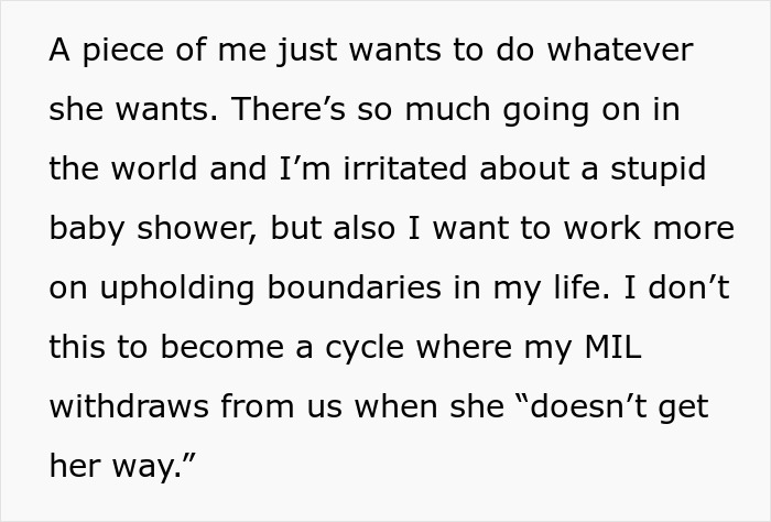 Text about setting boundaries after MIL&rsquo;s inappropriate baby shower idea rejection causing tension and frustration.