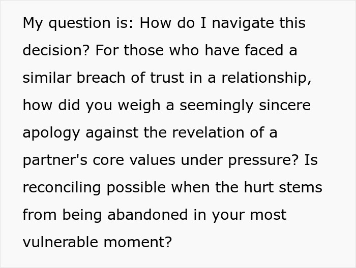 Text about navigating breach of trust in relationships and weighing apologies against partner&rsquo;s core values under pressure.