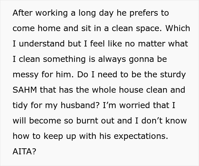 Text about a stay-at-home mom feeling pressure and burnout over not doing enough as a SAHM for her husband.