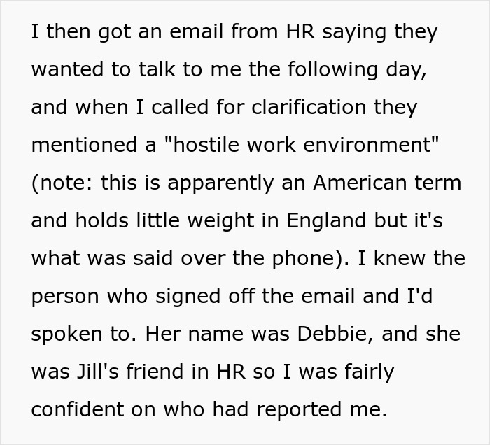 Screenshot of text discussing receiving an email from HR about a hostile work environment and a cancer surgery story.