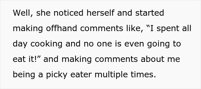 Pregnant woman declines expired food in her pantry, leading to tension with mother-in-law over meals and picky eating.