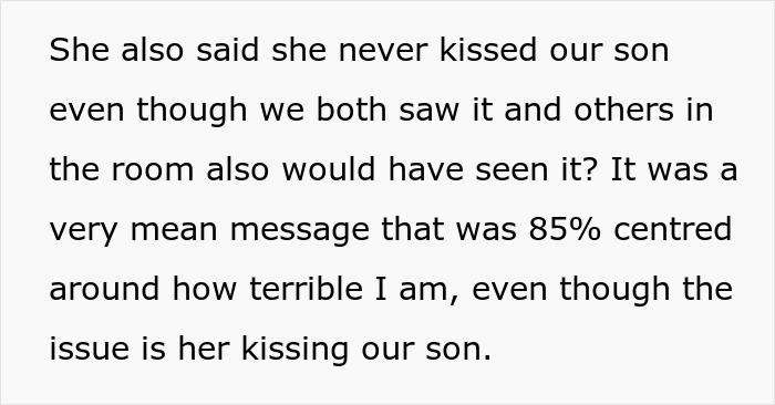 Text excerpt discussing someone denying they kissed the newborn despite witnessed events, highlighting issues with mil keeps kissing newborn.