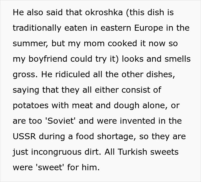 Text describing a boyfriend reacting negatively to traditional gross food instead of American dishes in a conversation. Text describing a boyfriend reacting negatively to traditional gross food instead of American dishes in a conversation.