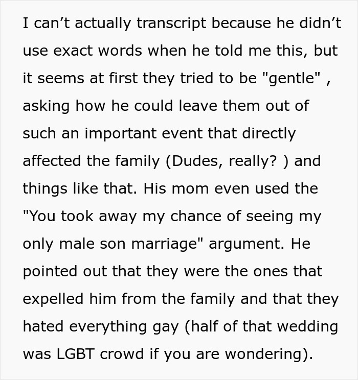 Text excerpt discussing family reactions and exclusion from a gay son&rsquo;s extravagant wedding and disownment issues.
