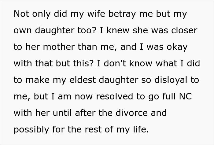 Text expressing a dad&rsquo;s guilt over distancing himself from his daughter during a messy divorce amid feelings of disloyalty and betrayal.