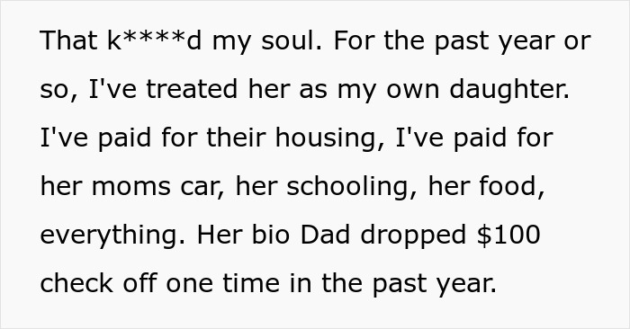 Text excerpt showing a man explains paying for a teen's needs despite not being her dad, facing refusal to give money. Text excerpt showing a man explains paying for a teen's needs despite not being her dad, facing refusal to give money.