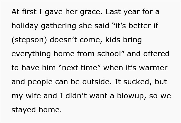 Text excerpt discussing a man confused why his grandma avoids seeing his stepson during holiday gatherings.