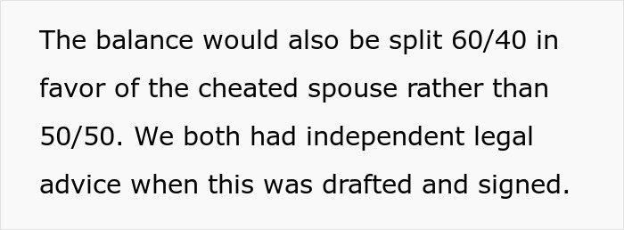 Text about legal advice on asset split favoring cheater in a spouse cheating case discovered two years later.