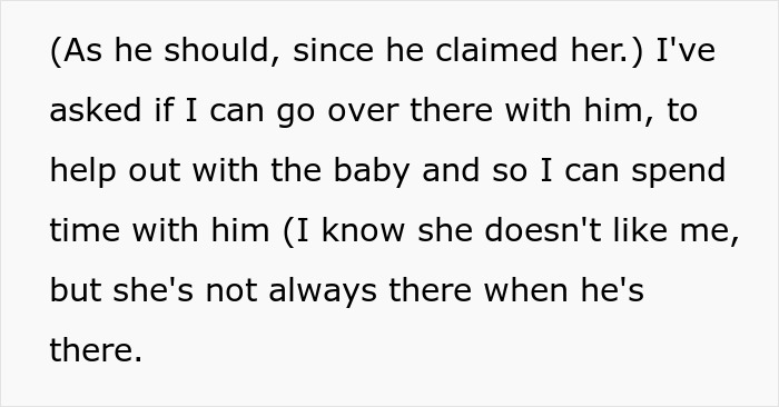 Text excerpt showing a man offering to help raise a baby for his pregnant ex while his girlfriend walks away from the situation.