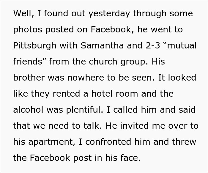 Text discussing a lying boyfriend who went on a trip with a female friend and mutual church group friends.