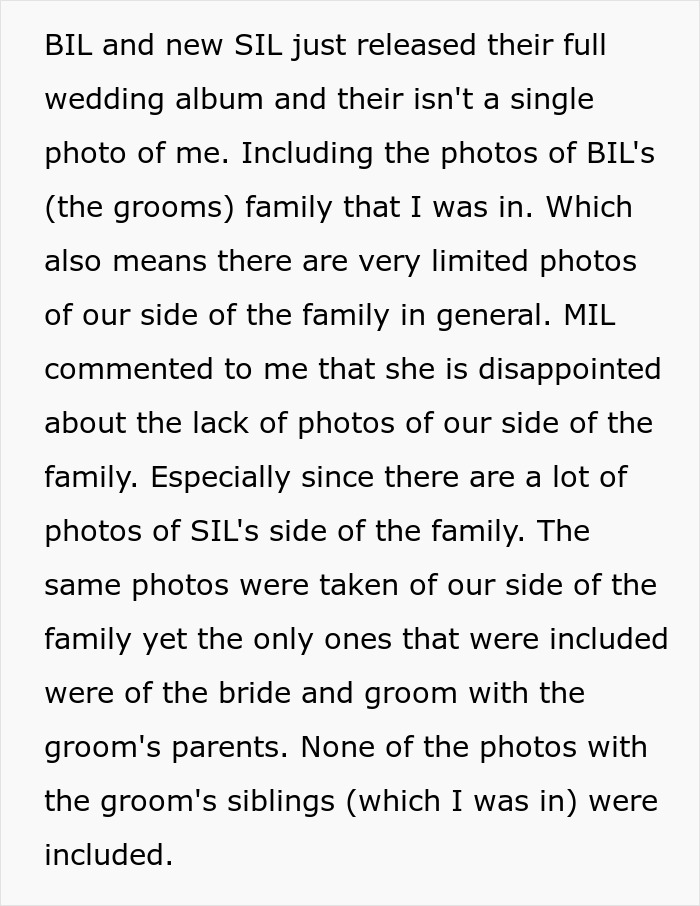 Bride enters new family with drama after deliberately excluding sister-in-law from wedding photos and family albums.