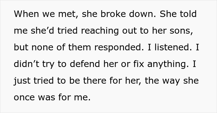Text excerpt showing a man feeling torn between his husband and mother-in-law after secretly helping her during an emotional moment.