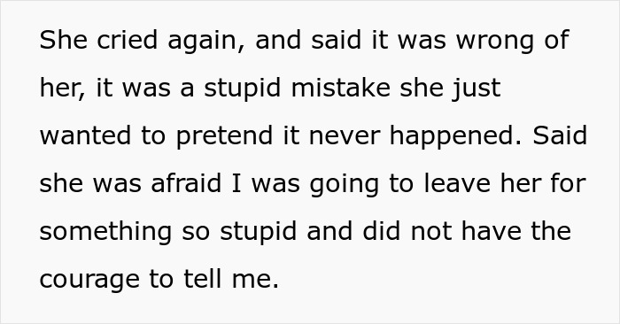 Text on a white background showing a confession about a woman admitting her infidelity during a conversation.