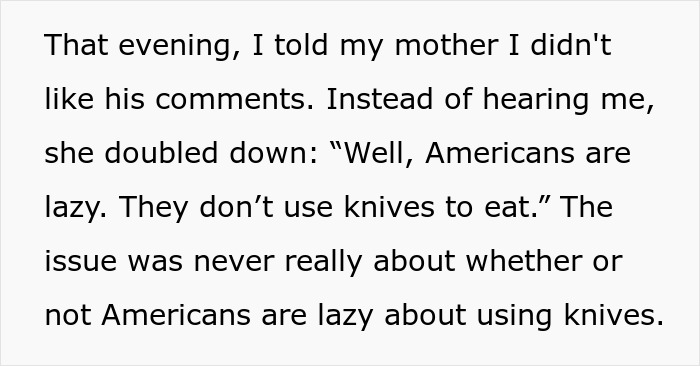 Text excerpt showing a woman confronting her mom about chauvinist bro&rsquo;s comments, sparking family drama.