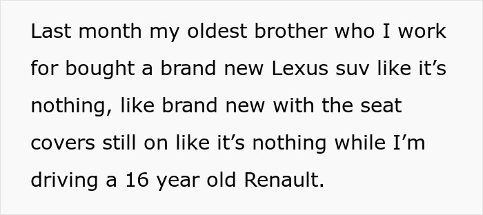 Text excerpt describing a woman disowned for marrying a mechanic, struggling financially while rich siblings thrive at 55.