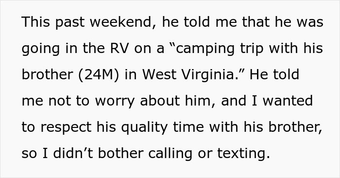 Text describing a lying boyfriend who claimed he went on a trip with his brother but possibly traveled with female friend.