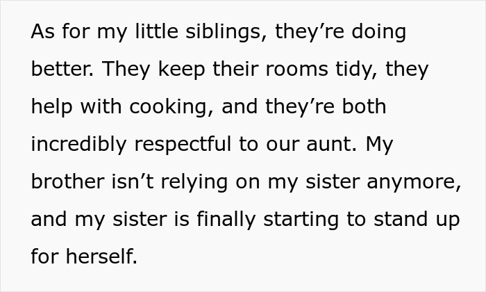 Text showing a 20-year-old burned out from managing chores and school describing how siblings keep their rooms tidy and help with cooking.