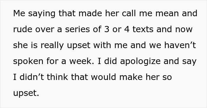 Text message describing a roommate boyfriend vacation drama causing upset and a week of no communication after an apology.
