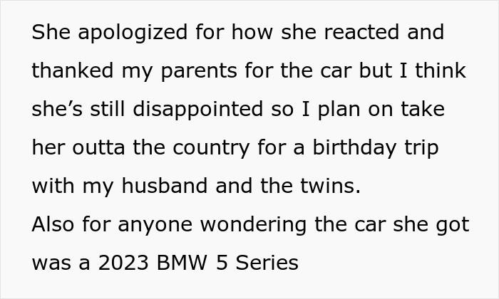 Text excerpt discussing step-daughter trust fund, including plans for a birthday trip and a 2023 BMW 5 Series car.