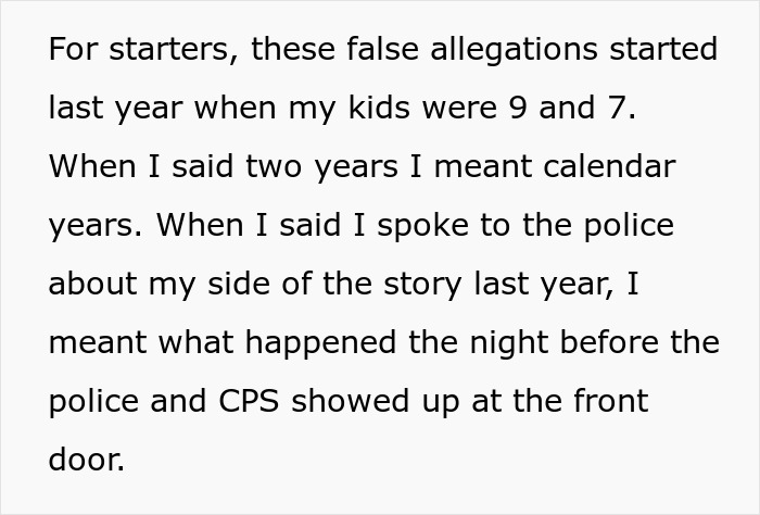 Text showing a dad explaining how false allegations by his kids led to police and CPS involvement last year.