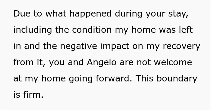 Message showing a woman setting boundaries after a friend stayed during surgery recovery, causing a filthy house and car driven 1,100 miles. - 58