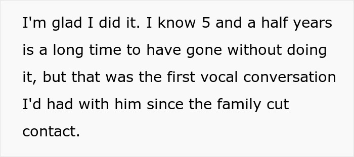 Text excerpt about a family deciding to forgive a man after 5 years, despite tension over their tone.