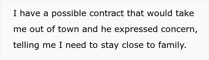 Text excerpt about a fiancée’s contract opportunity and partner’s concern about family, reflecting personal conflict. Text excerpt about a fiancée’s contract opportunity and partner’s concern about family, reflecting personal conflict.