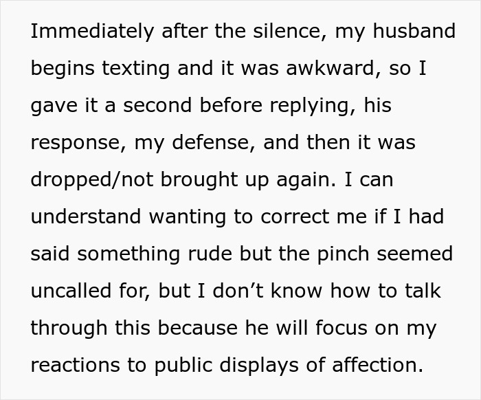 Text screenshot showing a wife describing her husband&rsquo;s weird behavior and reaction during dinner, highlighting tension in their relationship.