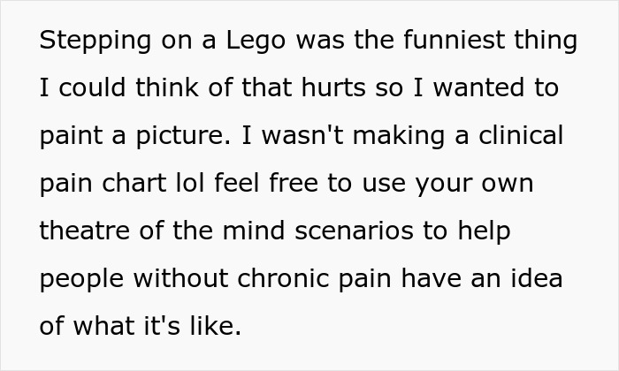 Text about stepping on a Lego illustrating chronic pain to explain the experience to people without chronic pain.