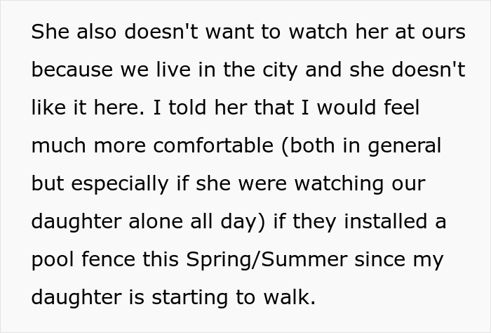 Text about concerns over grandchild’s safety and in-laws refusing to improve pool fencing leading to babysitting ban. Text about concerns over grandchild’s safety and in-laws refusing to improve pool fencing leading to babysitting ban.
