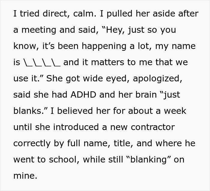 Text excerpt describing an office Karen belittling a coworker by forgetting her name despite repeated reminders.
